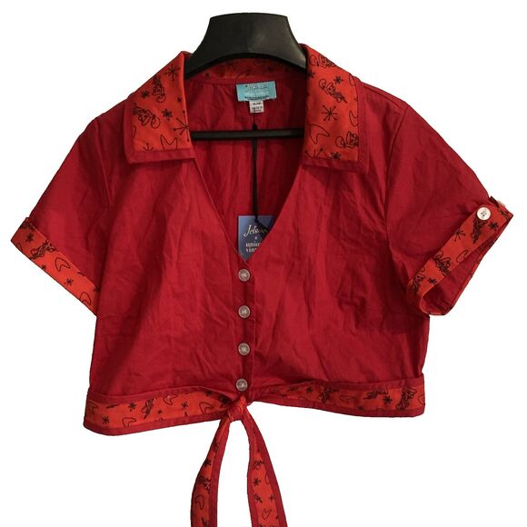 Unique Vintage X Jetson's XL Red Tie Front Crop Top Button Up Collared Shirt NWT - Picture 15 of 16